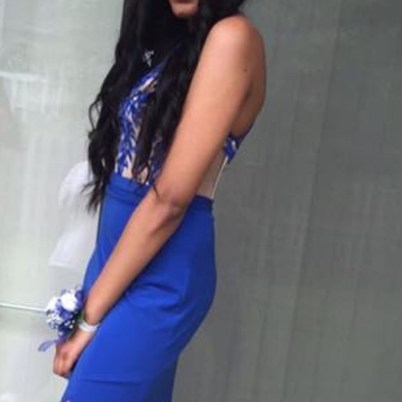 Royal Blue Halter Top Prom Dress - Picture 3 of 6